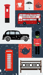 Grunge vector London city street icon set. A set of London symbols and landmarks. Vector Illustration. EPS 10.