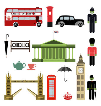 Vector London City street icon set. A set of London symbols and landmarks. Vector Illustration. EPS 10.