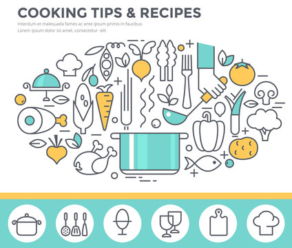 Cooking tips and recipes concept illustration, thin line flat design