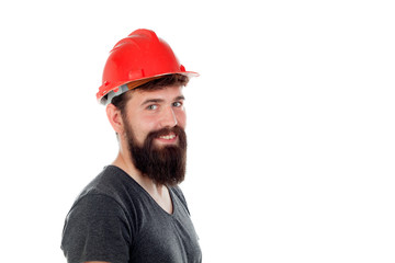 Young men with hipster look and red helmet