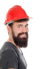 Young men with hipster look and red helmet