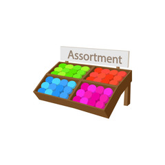 Shelfs with food icon, cartoon style