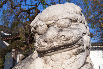 Fototapeta na wymiar Ancient Chinese lion statue made of stone