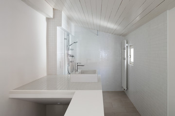 Interior, white bathroom with a small window
