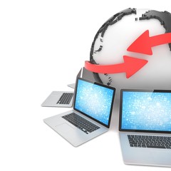 Laptop network around earth globe. 3d rendering.