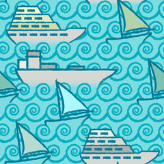 Fototapeta na wymiar Seamless pattern with boats. A seamless background of different types of boats sailing on waves.