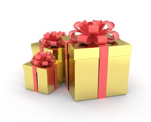 three gift boxes with bows isolated on white. 3d rendering.