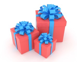 three gift boxes with bows isolated on white. 3d rendering.