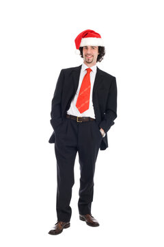 young businessman with santa hat isolated on white