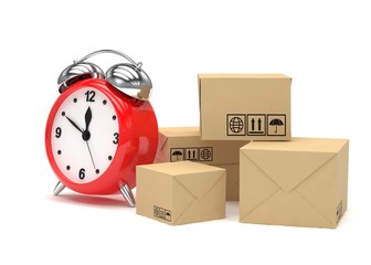 Package and alarm clock, delivery concept. 3d rendering.