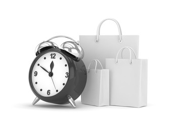 alarm clock and shopping bag (time to buy concept). 3d rendering.