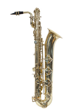 classic brass musical instrument baritone saxophone isolated on white background