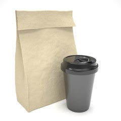 Coffee to go and lunch bag, on white. 3d rendering.