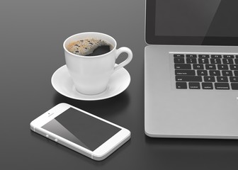Laptop smartphone and coffee cup. 3d rendering.