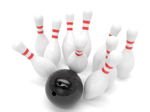 Bowling ball and skittles isolated. 3d rendering.