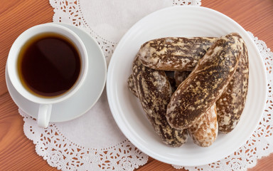 Russian traditional Lenten glazed gingerbread cookies and a cup of tea