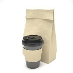 Coffee to go and lunch bag, on white. 3d rendering.