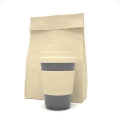 Coffee to go and lunch bag, on white. 3d rendering.
