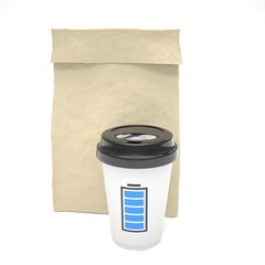 Coffee to go and lunch bag, on white. 3d rendering.