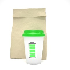 Coffee to go and lunch bag, on white. 3d rendering.