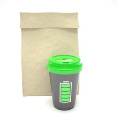 Coffee to go and lunch bag, on white. 3d rendering.