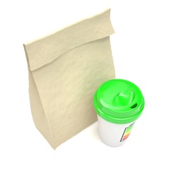 Coffee to go and lunch bag, on white. 3d rendering.
