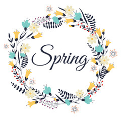Spring flowers, leaves, dandelion, grass. Design for invitation,