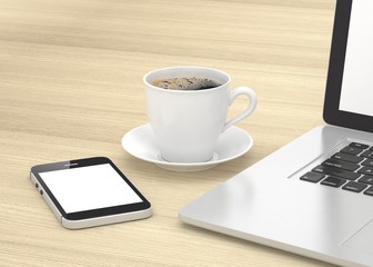 Laptop smartphone and coffee cup. 3d rendering.