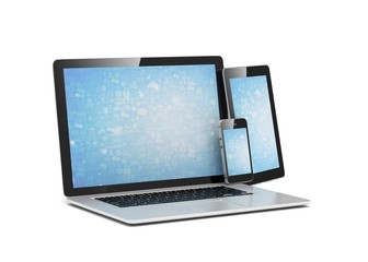 laptop, tablet, phone, on white. 3d rendering.