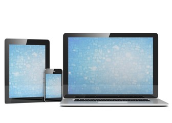 laptop, tablet, phone, on white. 3d rendering.