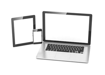 laptop, tablet, phone, on white. 3d rendering.