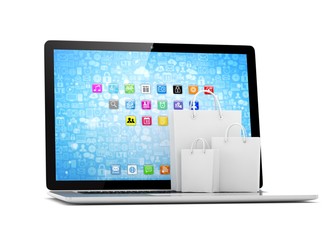 laptop and  shopping pags on white background. 3d rendering.