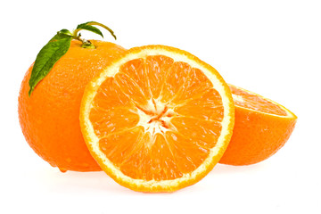 ripe tasty orange with leaf isolated on white