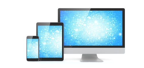 Responsive web design, laptop, smartphone, tablet, computer, display. 3d rendering.