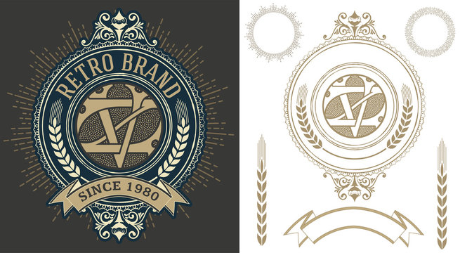 Retro label with monogram and elements
