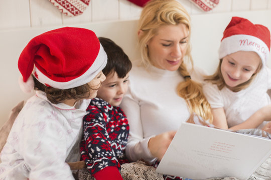 A woman and three children using a laptop computer sitting in a row in bed on Christmas morning. 