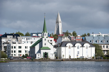 Reykjavik, view to church Hallgrimskirkja from the city pond, Iceland