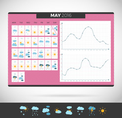  Weather journal vector Template. Weather diary with illustrations and temperature schedule meteorological calendar