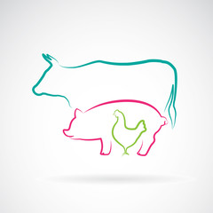 Vector group of animal farm label - cow,pig,chicken