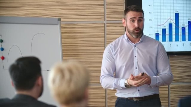 Medium shot of mid-aged businessman standing in front of his colleagues presenting financial bar graph on TV screen and flipchart during meeting