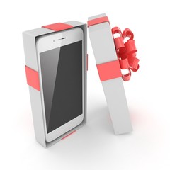 Smartphone in gift box. Isolated on white background. 3d rendering.