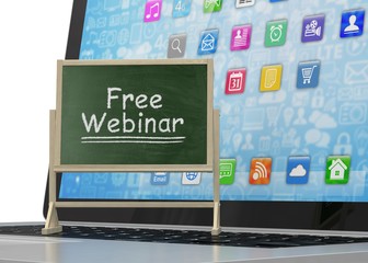 Laptop with chalkboard, free webinar, online education concept. 3d rendering.
