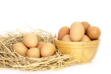 Fresh eggs on rice straw.