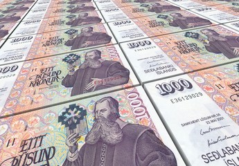 Icelandic kronas bills stacks background. 3D illustration