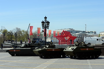 Rehearsal of parade in honor of Victory Day in Moscow. The latest main battle T-14 "Armata" heavy tracked platform.Fighting machine landing BMD-4M. BTR-MDM "Rakushka".