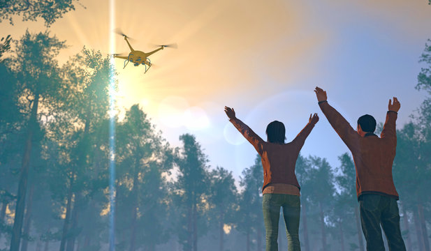3D render of two figures in a forest setting waving to a UAV drone. Fictitious UAV is a unique design. Depicting drone in search and rescue operation; lens flare, depth-of-field, motion blur.