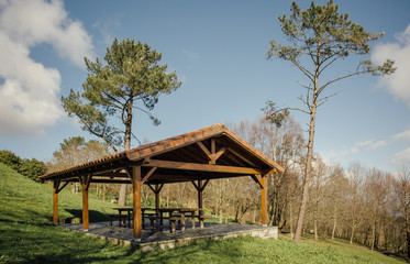 Gazebo with picnic tables over nature background