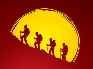 A group of people walking on mountain designed on moonlight background graphic vector.