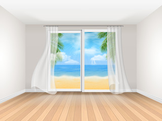 Obraz na płótnie Canvas Empty room with sliding window and sea view. Realistic vector interior. Room at the hotel on the coast. Template for travel illustration.