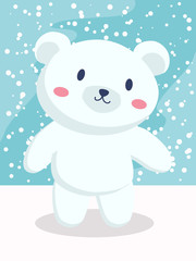 A little polar bear cartoon standing in snow day.